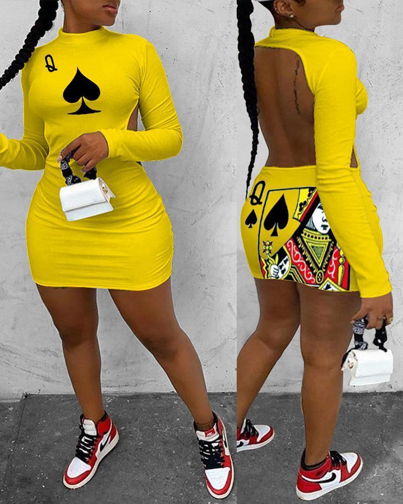 Poker Print Backless Bodycon Dress