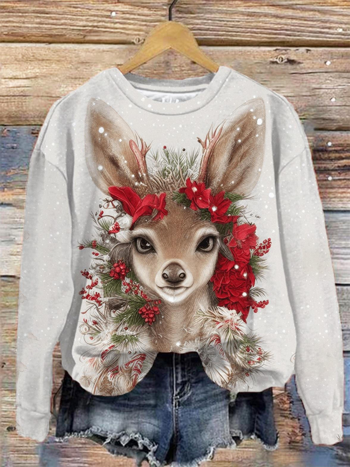 Christmas Elk Crew Neck Long Sleeve Top