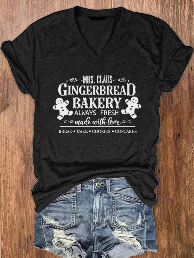 Mrs Claus Gingerbread Bakery Christmas Cookies Print V-Neck T-Shirt