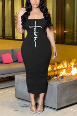 Letter Print Backless Bodycon Cami Midi Dress