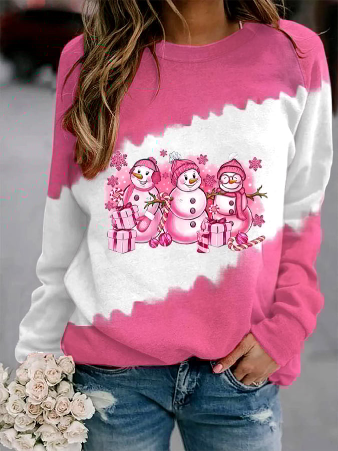 Pink Christmas Snowman Print Sweatshirt