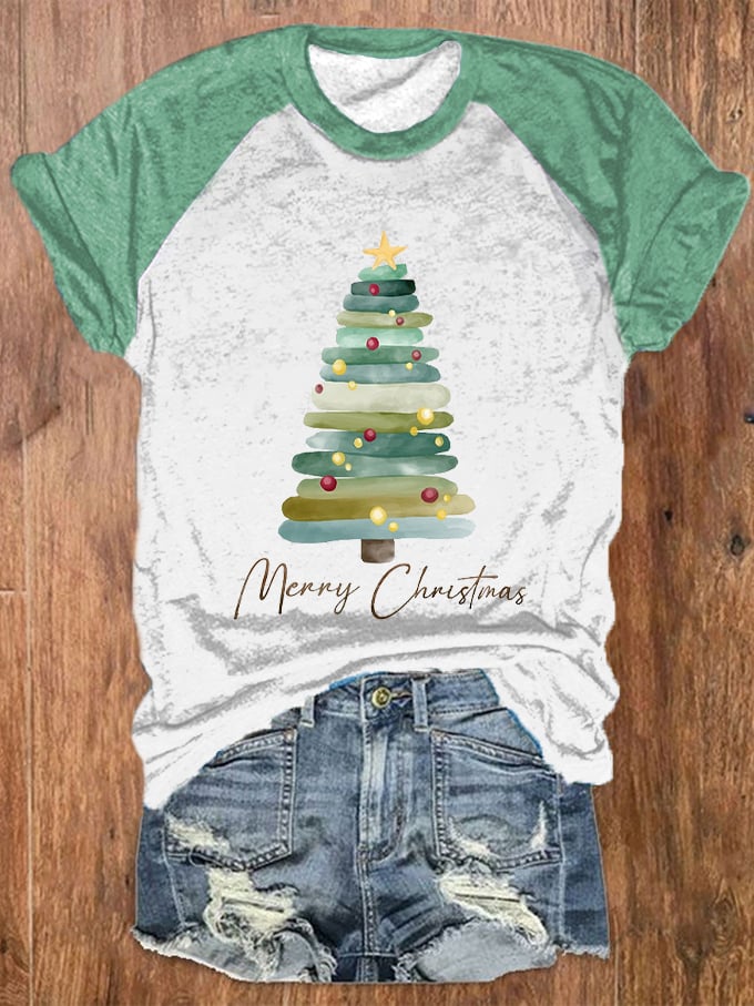 Merry Christmas Tree Printed Raglan S   leeve T-shirt