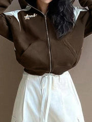 Street Color Block Splice Print Short Oversized Hoodie
