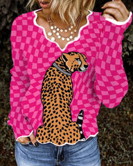 Casual Plaid Cheetah Print Long Sleeve Wave Collar Top