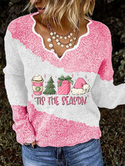 Women's Pink "TIS THE SEASON" Print Lace V-Neck Knit Print Top