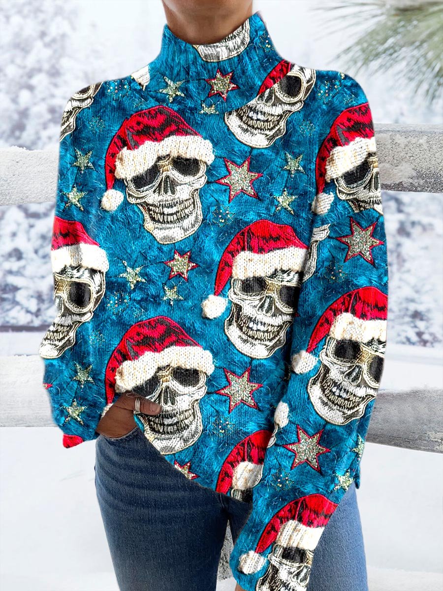 Skull Christmas Halloween Print Knit Turtleneck Pullover Sweater