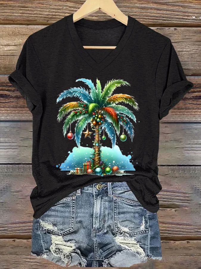 Christmas Tree Print V-Neck T-Shirt