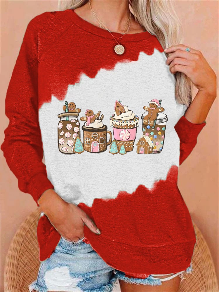 Gingerbread Christmas Coffee Printed Round Neck Long Sleeve Sweatshirt