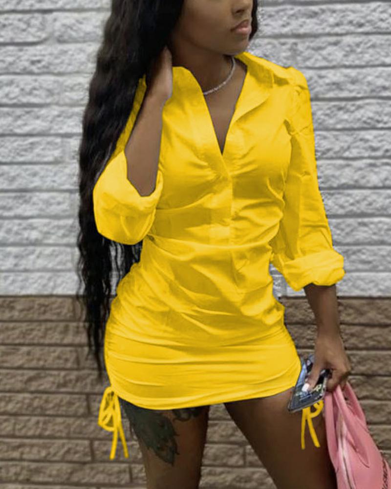 Solid Ruched Drawstring Button Front Mini Shirt Dress
