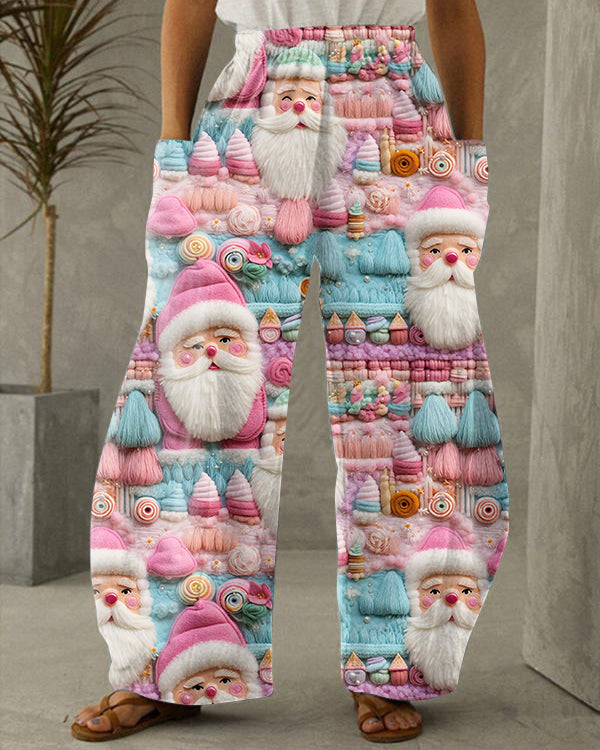 Pink Santa Claus Printed Casual Loose Wide Leg Pants