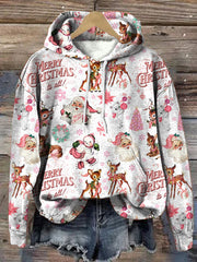 Retro Pink Christmas Print Hooded Sweatshirt