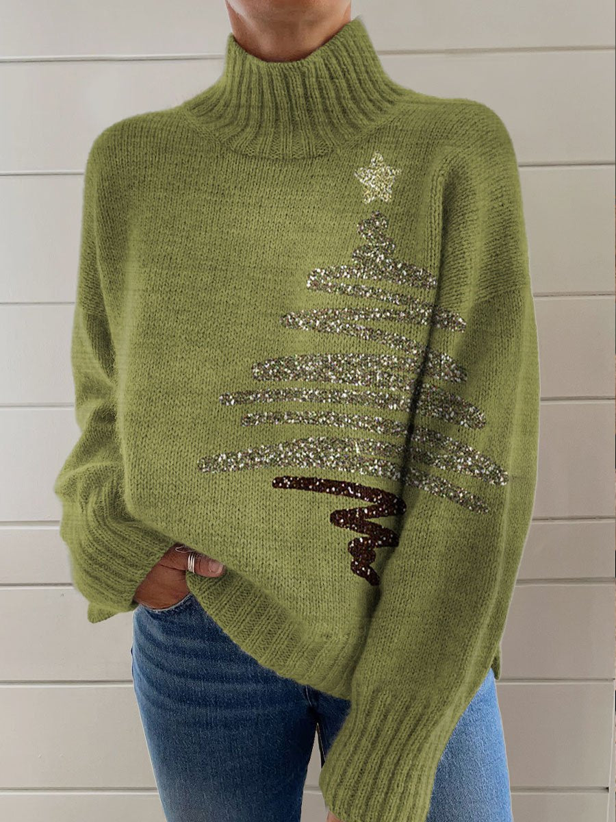 Christmas Tree Print Knit Turtleneck Pullover Sweater
