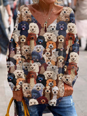 Casual Loose V-neck Top for Women, Cute 3D Dog Print, Dog Lovers