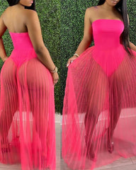 Off Shoulder Sleeveless Plain Sheer Mesh Dress