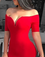 Solid Off Shoulder Short Sleeve Midi Dress
