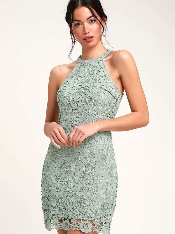 Stretch Lace Elegant Jewel Neck Sleeveless Party Dress
