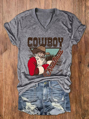 Cowboy Christmas Santa Print V-Neck T-Shirt