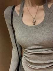 Solid Halter Backless Curvy Hem Long Sleeve Knit