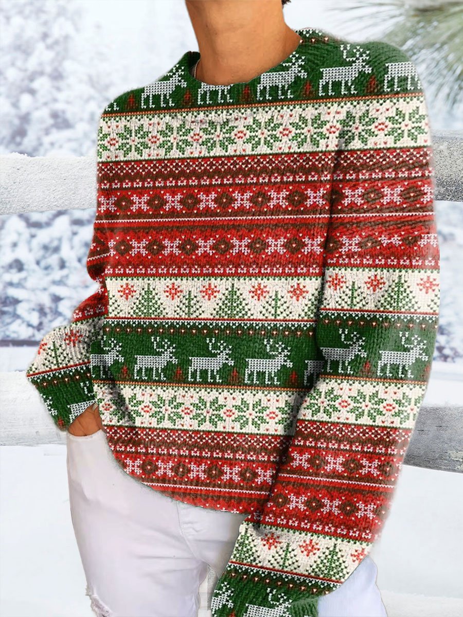 Lovely Christmas Tree Deer Art Print Casual V-neck Pullover Knit