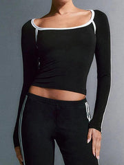 Square Neck Contrast Color Piping Design Long Sleeve Tee
