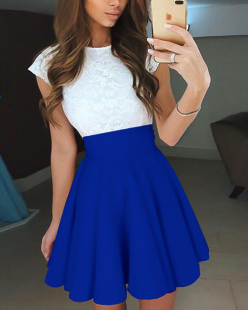 Colorblock Contrast Lace Ruffle Hem Mini Skater Dress
