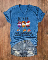 Just A Girl Who Loves Wine At Hallothanksmas Print V-Neck T-Shirt