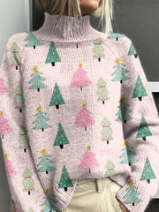 Pink Christmas Tree Christmas Print Knit Turtleneck Pullover Sweater