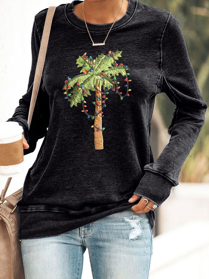 Retro Palm Tree Christmas Printed Sweatshirt