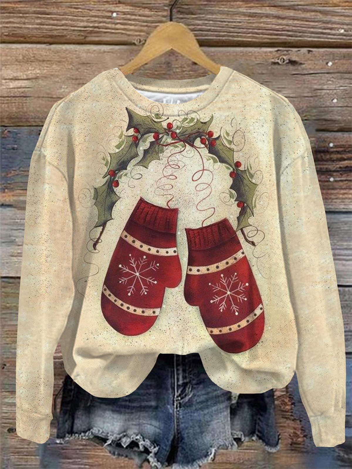 Christmas Glove Print Round Neck Long Sleeve Top