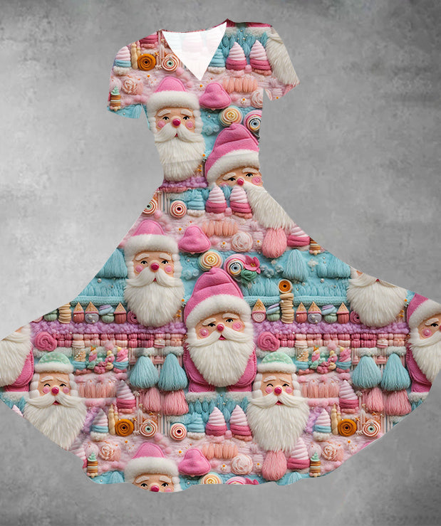 Pink Santa Claus Print Casual Swing Dress