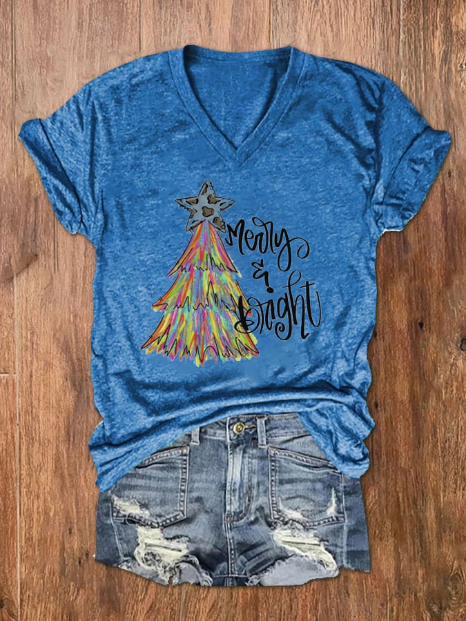 Christmas Tree Merry And Bright Print V-Neck T-Shirt