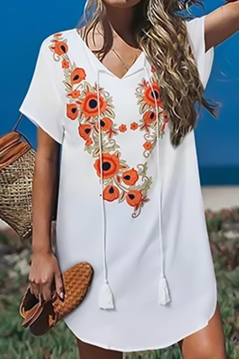 Floral Print Tassel Decor Tie Neck Dress