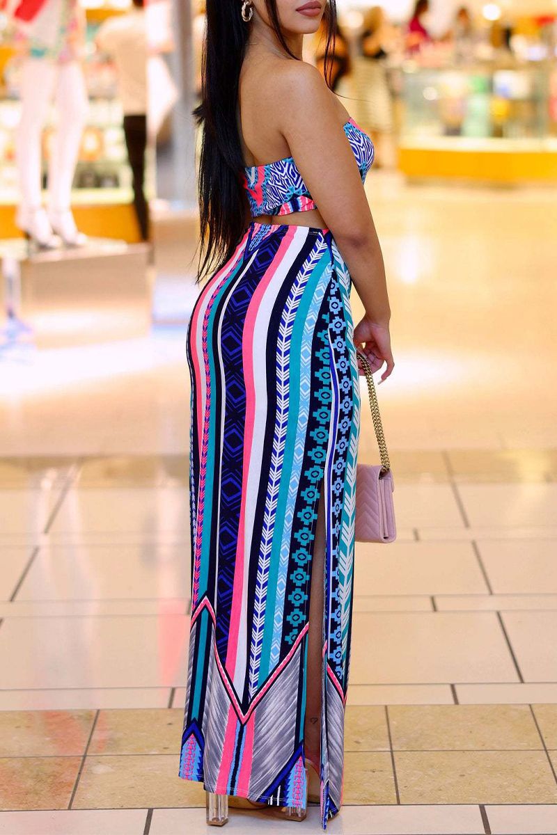 Geo Print Cut Out Split Side Maxi Dress
