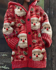 Christmas Santa Claus Embroidery Print Casual Hooded Cardigan