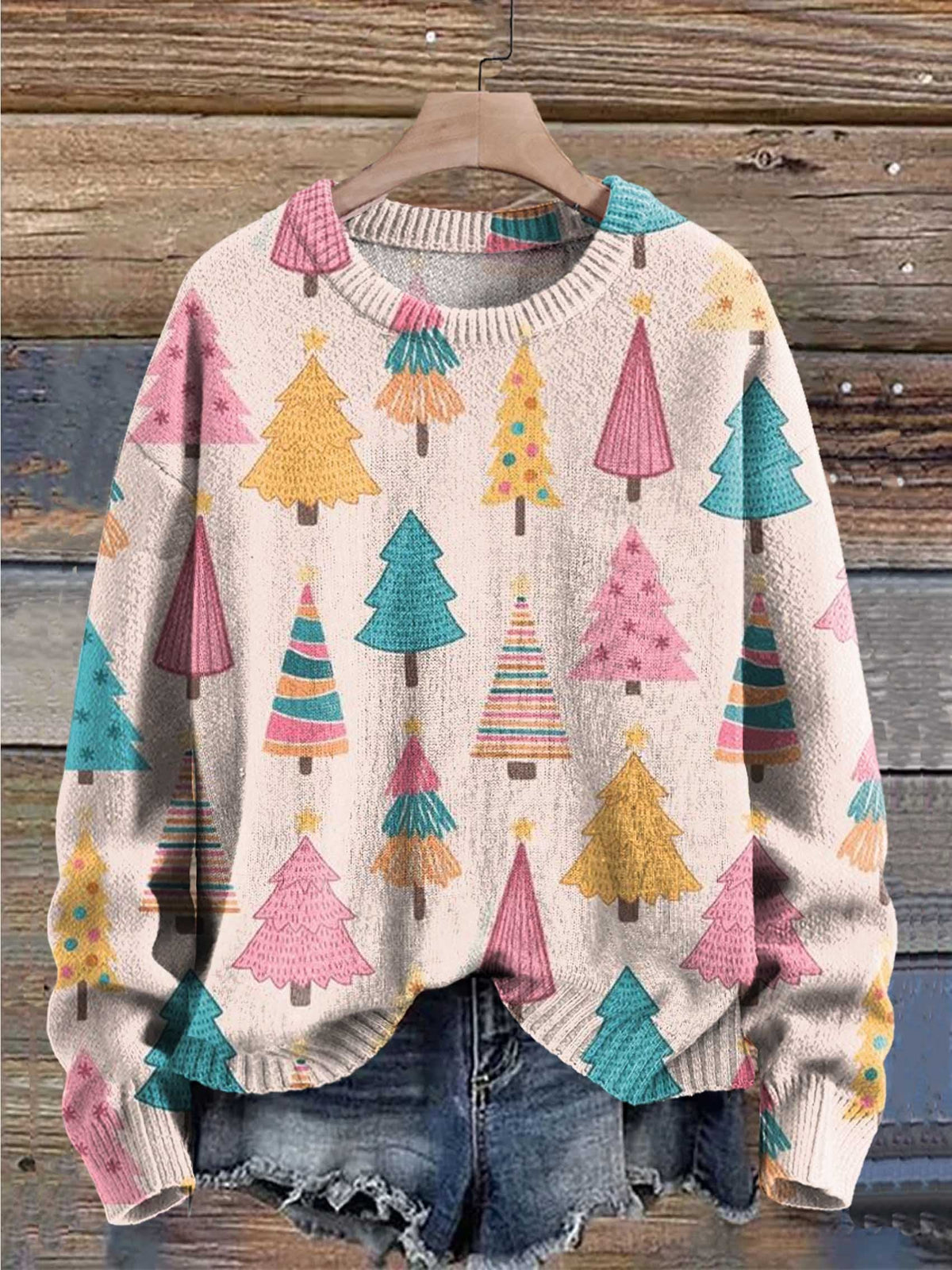 Merry Christmas Christmas Tree Print Knit Pullover Sweater