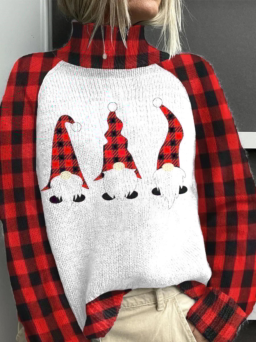 Womens Christmas Plaid Gnome Knit Turtleneck Sweater