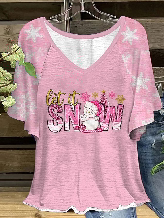 Let It Snow Pink Christmas Snowman Print V-Neck T-Shirt