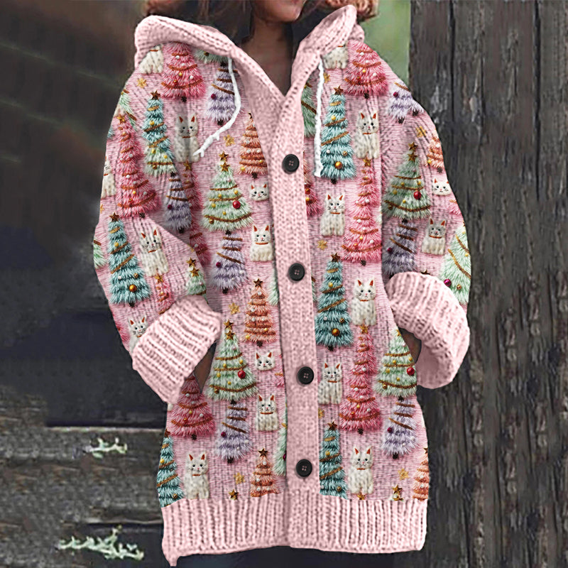 Christmas Tree Cat Print Knitted Hooded Cardigan