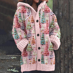 Christmas Tree Cat Print Knitted Hooded Cardigan