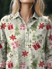 Lovely Christmas Tree Pattern Printed Casual Cotton And Linen Shirt