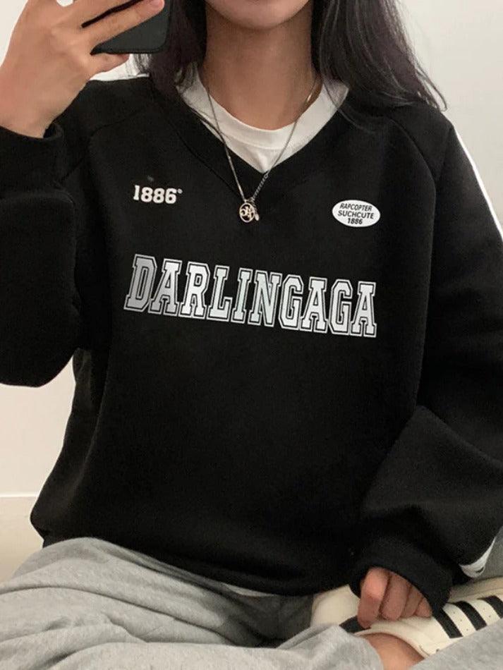 Vintage Letter Print V Neck Piping Long Sleeve Tee