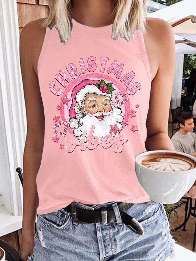 Pink Santa Christmas Vibes Print Tank Top