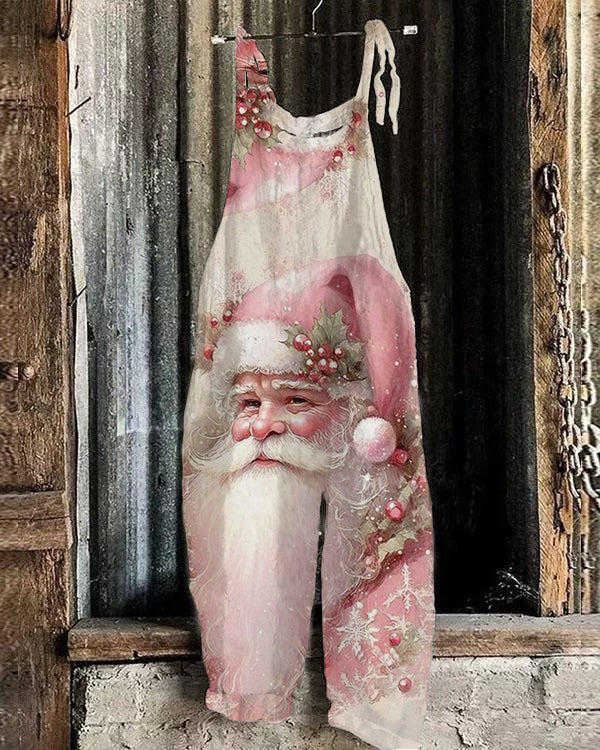 Vintage Pink Santa Print Loose Jumpsuit