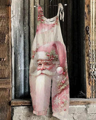 Vintage Pink Santa Print Loose Jumpsuit