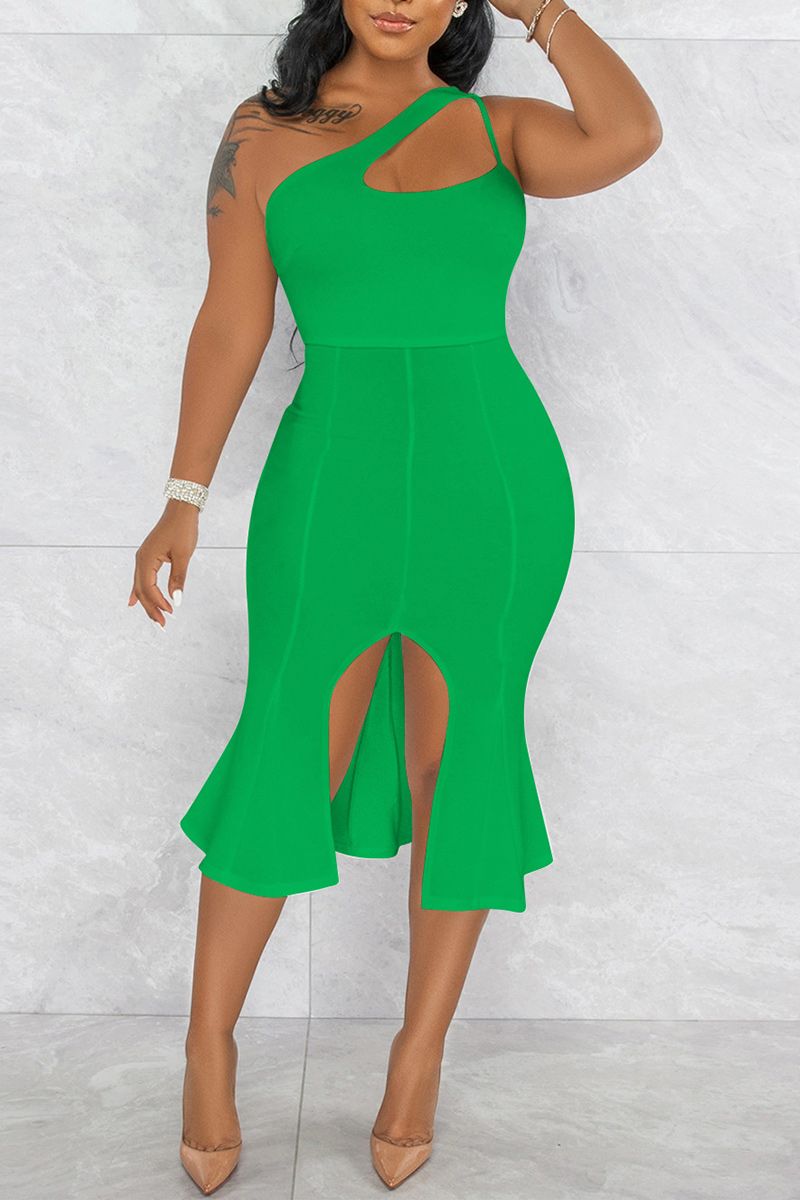 Split Front One Shoulder Midi Mermaid Dress