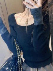 Square Neck Splice Slim Long Sleeve Knit