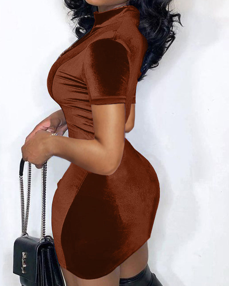 Velvet Zip Up Stand Collar Bodycon Mini Dress