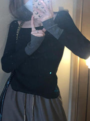 Square Neck Splice Slim Long Sleeve Knit