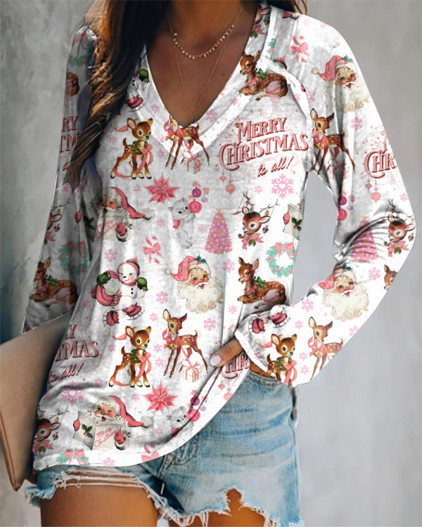 Retro Pink Christmas Print V-neck Top