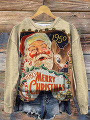 Vintage Santa and Reindeer Crew Neck Long Sleeve Top